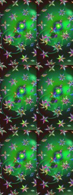 Renkli çizim kalıbı. Çiçek duvar kâğıdı. Yeşil, kahverengi ve mavi renkli şirin tekstil tarzında. Raster illüstrasyonu. Çiçek arka planı.