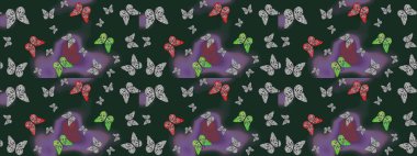 Mavi ve gri arka planda kelebekler. Kelebekli tasarım. Robot resim. Çizim, karalama, karalama. Sonsuz. Raster illüstrasyonu.