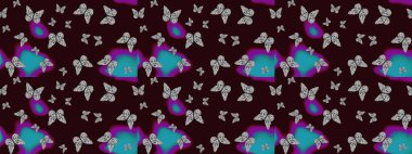 Kelebekli renkli folklor deseni. Paketleme, kağıt ve kumaş için uygun. Kahverengi ve gri arka planda renkli kelebekler.