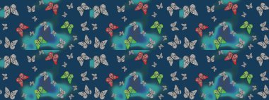 Mavi ve gri soyut arka planda gece kelebekleri. Kumaş, tekstil, baskı ve davetiye. Robot resim. Raster illüstrasyonu.