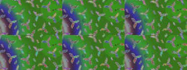 Yeşil, mavi ve mor kar taneleri. Kar tanelerinin soyut arkaplanlı Noel şablonu. Raster illüstrasyonu. Noel ve Yeni Yıl moda baskıları için tatil tasarımı.