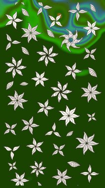 Parlak çiçekli yeşil ve nötr renkler üzerine soyut çizim deseni. Çiçeksel elementlerle süslenmiş zarif raster dokusu. Küçük çiçekte şirin bir çiçek deseni var..