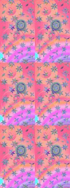 Suluboya elle çizilmiş çiçek desenli eskiz deseni. Parlak renkli fantezi çiçekleri, yapraklar, pembe ve nötr renklerde tomurcuklar pembe ve nötr.