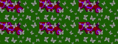 Watercolor Style 'da uçan kelebeklerle eskiz kalıbı. Doğadaki güzellik. Yeşil ve gri renklerin çizimi. Kumaş, Tekstil, Baskı ve Davetiye için arka plan. Raster illüstrasyonu.