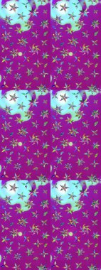 Raster Floral Illustration, Asyalı tekstil. Mor ve mavi renkte etnik çiçeklerle süslenmiş zarif bir eskiz..