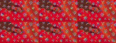 Çiçekli karalama şeklinde Raster çiçek deseni. Kırmızı ve kahverengi renkte çiçekler. Yumuşak, bahar çiçekli arka plan.