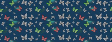 Kelebek desenli güzel çizim tasarımı. Mavi ve gri renkli resimler. Robot resim. Ambalaj kağıtları ve duvar kağıtları için sevimli bir arkaplan, kumaş tasarımı, kağıt.