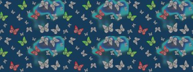 Mavi ve gri arka planda kelebek desenli çizim. Kumaş, Tekstil, Baskı ve Davetiye için arka plan. Raster illüstrasyonu.