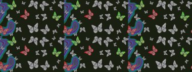 Kelebekli çizim şekli. Bahar ve yaz tasarımı için renkli bir arkaplan. Elle çizilmiş illüstrasyon. Raster renklendirilmiş sonsuz doku.