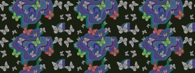 Suluboya soyut parlak desenli kelebek kanatları, retro renkler. Gri ve mavi renkli resimler. Kumaş, tekstil, baskı ve davet için arkaplan.