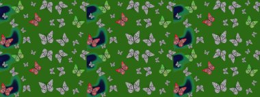 Yeşil ve gri arka planda kelebek desenli çizim. Kumaş, kağıt, ambalaj kâğıdı ve duvar kağıdı tasarımı için hoş bir arka plan. Raster illüstrasyonu.
