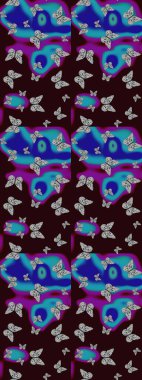 Renkli kelebeklerin eskiz geçmişi. Ambalajlar, duvar kağıtları, kumaş tasarımı ve kağıt için güzel bir arka plan. Kahverengi ve mavi üzerinde sevimli kelebekler. Raster illüstrasyonu.