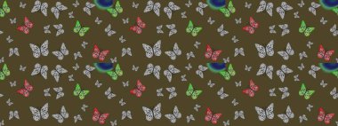 Parlak kelebeklerin eskiz geçmişi. Güzel renkli kelebekler yeşil ve gri renklerde kaotik bir şekilde uçarlar. Uçan güvelerle çok renkli bir arka plan çiz. Kumaş, kağıt ve ambalaj için uygun. Raster.