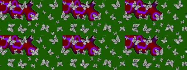 Watercolor Style 'da uçan kelebeklerle eskiz kalıbı. Doğadaki güzellik. Yeşil ve gri renklerin çizimi. Kumaş, Tekstil, Baskı ve Davetiye için arka plan. Raster illüstrasyonu.