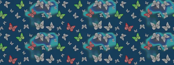 Mavi ve gri arka planda kelebek desenli çizim. Kumaş, Tekstil, Baskı ve Davetiye için arka plan. Raster illüstrasyonu.