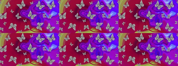 Farklı renkte kelebeklerin çizimi. Fantezi renkli resimler koleksiyonu. Giysi tarzı için mor ve mor arkaplan üzerine dekorasyon. Tasarım için Raster Kelebekleri. Raster illüstrasyonu.