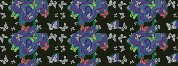 Suluboya soyut parlak desenli kelebek kanatları, retro renkler. Gri ve mavi renkli resimler. Kumaş, tekstil, baskı ve davet için arkaplan.