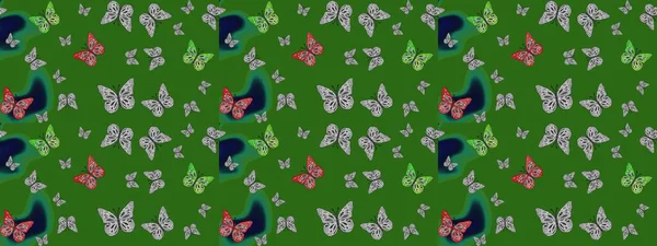 Yeşil ve gri arka planda kelebek desenli çizim. Kumaş, kağıt, ambalaj kâğıdı ve duvar kağıdı tasarımı için hoş bir arka plan. Raster illüstrasyonu.