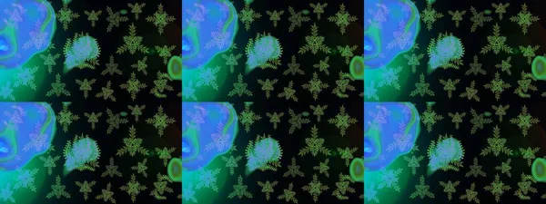 Kar tanelerinin soyut arkaplanlı Noel arkaplanı. Siyah, mavi ve yeşil kar taneleri. Güzel tasarım. Noel için tatil tasarımı, yeni yıl moda baskıları. Raster illüstrasyonu.