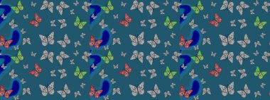 Raster. Kumaş, tekstil, baskı ve davetiye örnekleri. Doğadaki güzellik. Mavi ve gri arka planda uçan güzel kelebek. Çizim deseni.