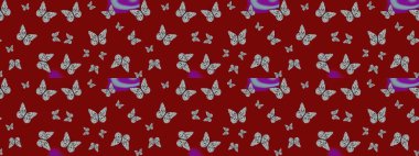 Raster illüstrasyonu. Kırmızı ve gri arka planda kelebek desenli çizim. Kumaş, kağıt, ambalaj kağıdı ve duvar kağıdı tasarımı için sevimli bir arkaplan.