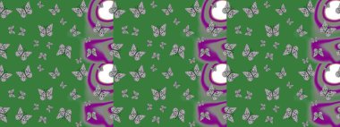 Tekstil, duvar kâğıtları, web sayfası arkaplanları ve yüzey dokuları için mükemmel. Tropikal temalı kelebek deseni. Yeşil ve gri renkli şirin kelebek çizimi. Raster illüstrasyonu.