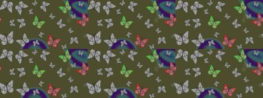 Karala, karala, karala. Çizim kalıbı. Yeşil ve gri renklerin çizimi. Raster illüstrasyonu. Tekstil baskısı için ekose kelebek.