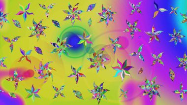 Raster düz çiçek çizim deseni. Hediye ambalaj kağıdı, tebrik kartları, posterler ve pankart tasarımı. Sarı ve mor renkte çiçekler.