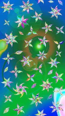 Yeşil ve mavi renkte çiçekler. Raster Illustrasyon 'daki Çiçek Deseni' nin son moda çizimi. Renkli Yaz Temalı eskiz kalıbı. Düz Çiçek Elementleri Tasarımı.