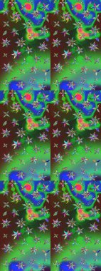 Ağaç dallı bahar çiçekli desen, çiçek siluetiyle yeşil ve mavi renkler. Raster deseni.