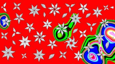 Raster - stok. Yapraklı çiçekler ve kırmızı renklerde papatya çiçekleri. Taslak arkaplan deseni.