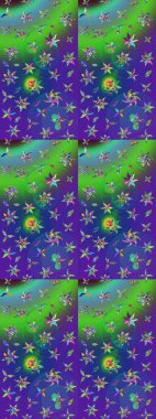 Asya tekstil tarzında. Yeşil ve mavi renkte çiçekler. Çiçek desenli çizim. Raster illüstrasyonu. Raster illüstrasyonu.