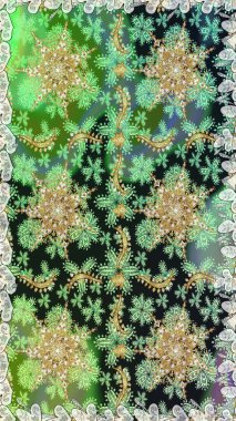 Altın elementlerle yeşil renklerde altın desen. Raster altın tekstil baskısı. Kusursuz desenli oryantal süs. Çiçek kiremitleri. İslam tasarımı.