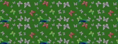 Çizim, karalama, karalama. Sonsuz. Raster illüstrasyonu. Tekrarlanan kelebekler. Elle çizilmiş sevimli kız çizimi deseni.