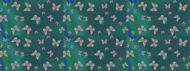 Colored butterflies on a blue and green background. Suitable for packaging, paper, fabric. Colorful folk raster sketch pattern with butterflies.