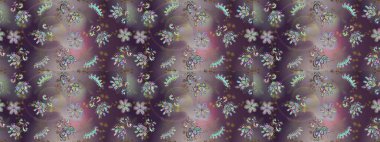 Raster suluboya çiçek deseni, narin çiçekler, gri, kahverengi ve mor çiçekler, tebrik kartı şablonu. Güzel kumaş deseni.