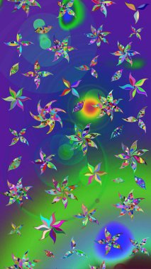 Mavi ve yeşil renkli çiçekler. Raster illüstrasyonundaki çiçek desenli çizim. Renkli Bahar Teması eskiz kalıbı. Düz Çiçek Elementleri Tasarımı.