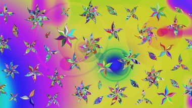 Sarı ve mor renkli çiçekler. Raster düz çiçek çizim deseni. Tasarım hediye paketi, tebrik kartları, posterler ve afiş tasarımı.