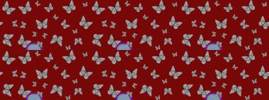 Kırmızı ve gri renkte güzel renkli kelebekler. Kumaş, tekstil, baskı ve davetiye için arka plan. Raster illüstrasyonu. Çizim deseni.