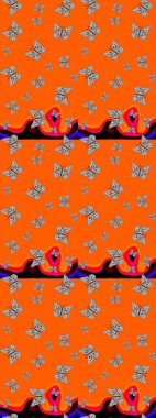 Turuncu ve gri arkaplanda kelebekler. Çizim kalıbı. Raster. Kağıt, kumaş ve ambalaj için uygun.