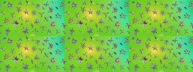 Yeşil ve sarı renklerde. Raster illüstrasyonu. Çiçek buketleriyle klasik tarzda eskiz deseni.