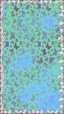 Raster illüstrasyonu. Kızlar, erkekler, elbiseler, duvar kağıtları için soyut, pürüzsüz desenler. Farklı yönlere uçan renkli kelebek koleksiyonu..