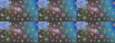 Raster illüstrasyonu. Mavi ve gri renkte çiçekler. Çizim çiçek deseni duvar kağıdı için kullanılabilir.