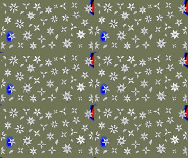 El çizimi çiçek unsurları olan soyut çizim raster deseni. 1950-1960 motifleri. Retro tekstil tasarım koleksiyonu. Yeşil yeşile. Çiçekli ipek eşarp..