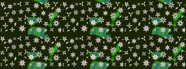 Raster illüstrasyonu. Şirin çiçekli eskiz deseni ve gri renkli yapraklar, suluboya çiçek deseni, duvar kağıdı, kart veya kumaş için fayanslı.