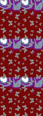 Nakış, egzotik kelebeklerle süslü çiçek eskiz deseni. Kart, baskı ve davetiye için basit şirin bir desen. Giysi tasarımı için kırmızı ve gri arka planda geleneksel Raster halk çiçekleri dekoru.