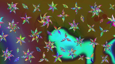 Düz Çiçek Elementleri Tasarımı. Raster Illustrasyon 'daki Çiçek Deseni' nin son moda çizimi. Renkli Yaz Temalı eskiz kalıbı. Yeşil ve kahverengi renkte çiçekler.