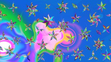 Raster illüstrasyonu. Mavi ve yeşil renklerde. Raster illüstrasyonundaki çiçek desenli çizim. Güzel kumaş deseni.