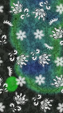 Güzel kumaş deseni. Raster suluboya deseni, narin çiçekler, yeşil ve gri çiçekler, tebrik kartı şablonu..