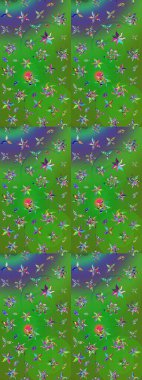 Yeşil ve mor renkli manzaralı çiçek deseni. Sevgililer günü ve tebrik kartı konsepti için şık bir davetiye. Çiçek kompozisyonu, el boyası, hassas şablon. Üst görünüm, yumuşak biçim.